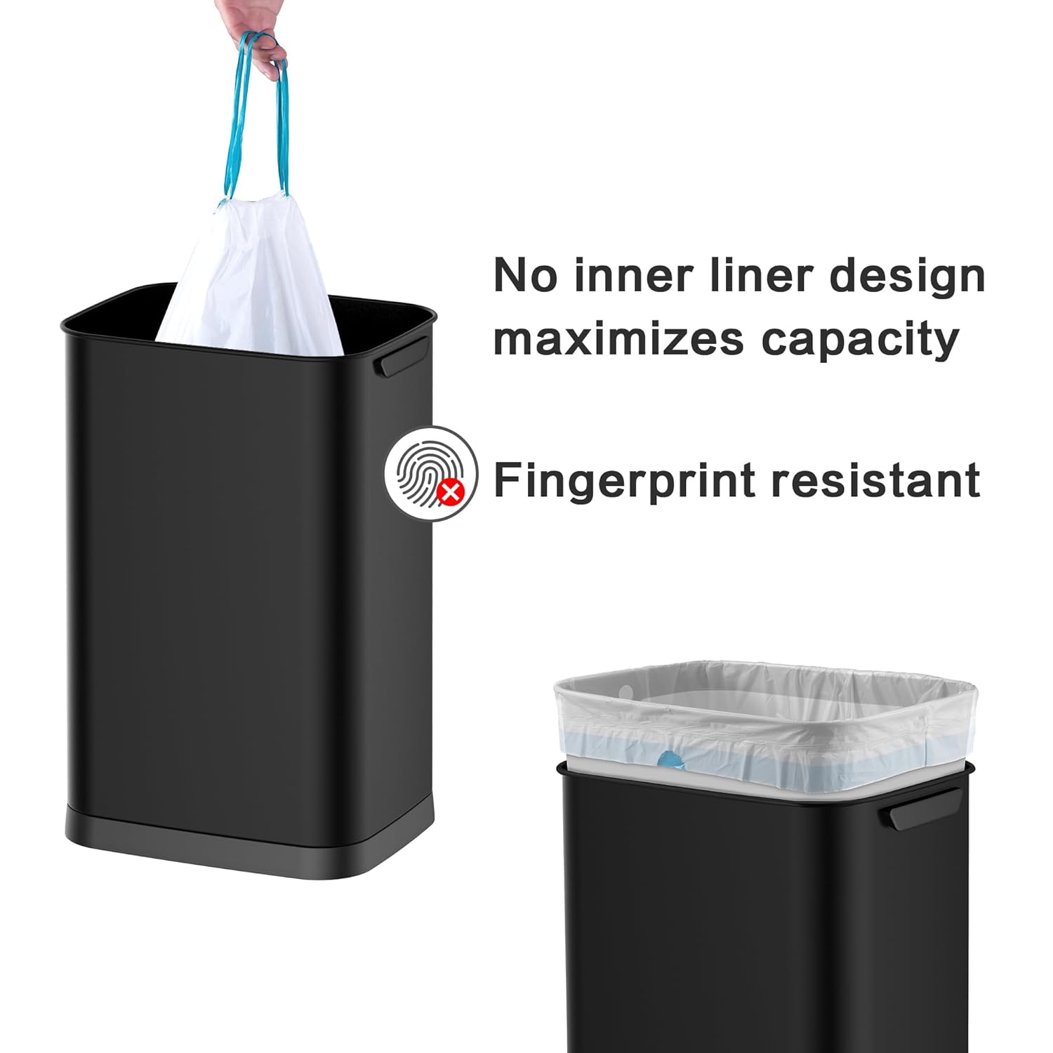 13 Gallon Stainless Steel Touchless Sensor Trash Can with, Wide Rectangular Design, Brushed Finish – Automatic Lid for Home, Office, Kitchen, Bathroom, and Commercial Use (Black)