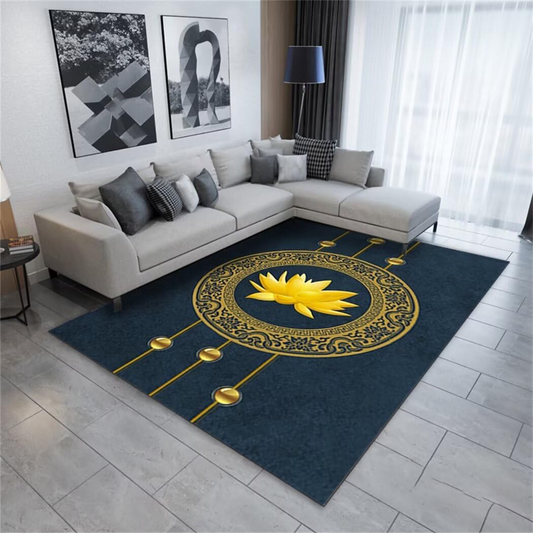 Tapis long bleu 100x210cm tapis de chambre enfant motif lotus jaune