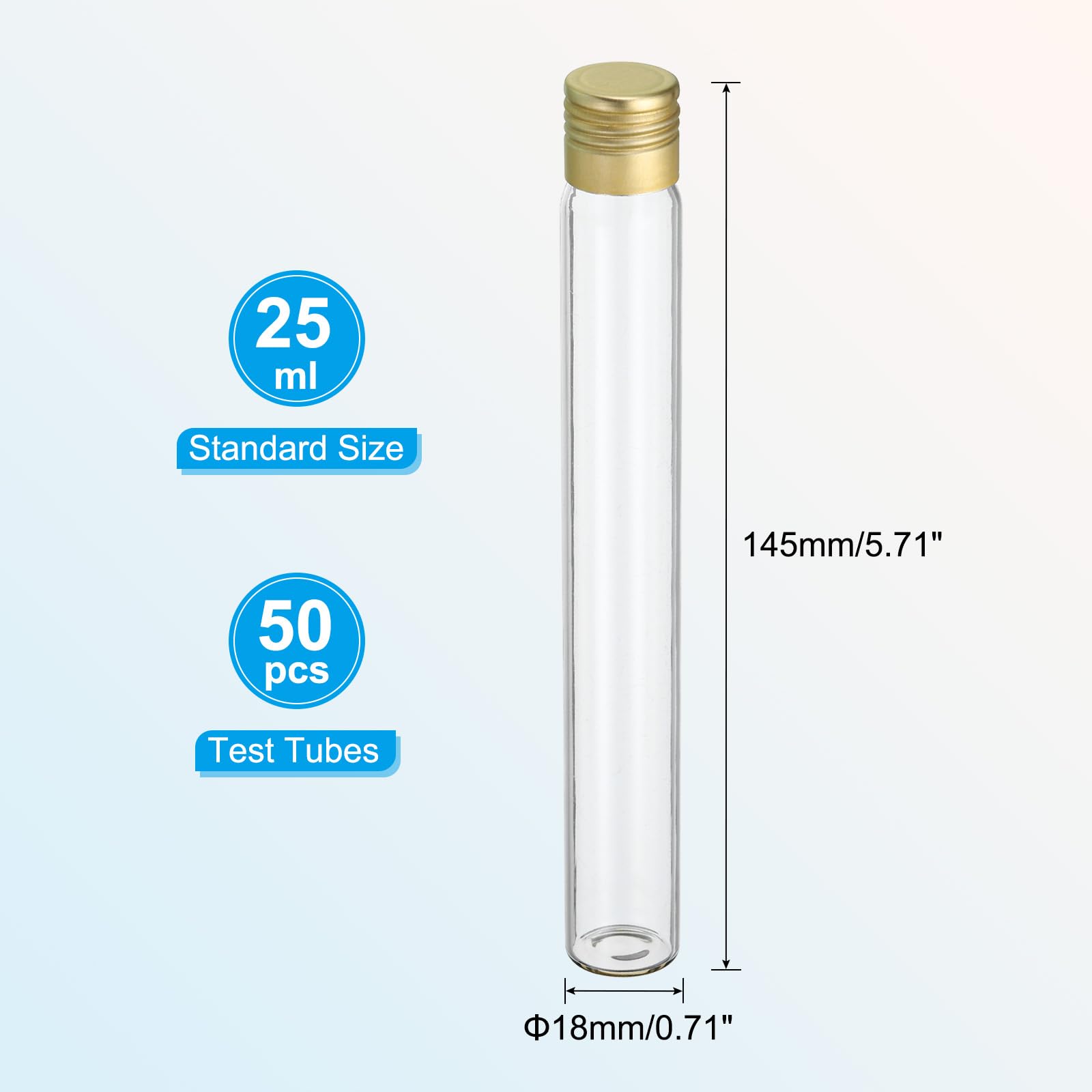 PATIKIL Tubos de Ensayo de 25 ml, 50 Unidades Tubos de Ensayo Redondos de Vidrio Transparente de 5.71x0.71 Pulgadas con Tapa de Aluminio para Almacenamiento de Cuentas, Dulces