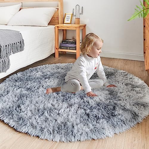 ROHATIM Alfombras Salón Redonda Pelo Largo Alfombra Habitación Dormitorio Lavables Alfombra Antideslizante Muy Suave para salón o Dormitorio, Alfombra esponjosa de Cama(Gris Claro,Ø 100 cm Ronda)