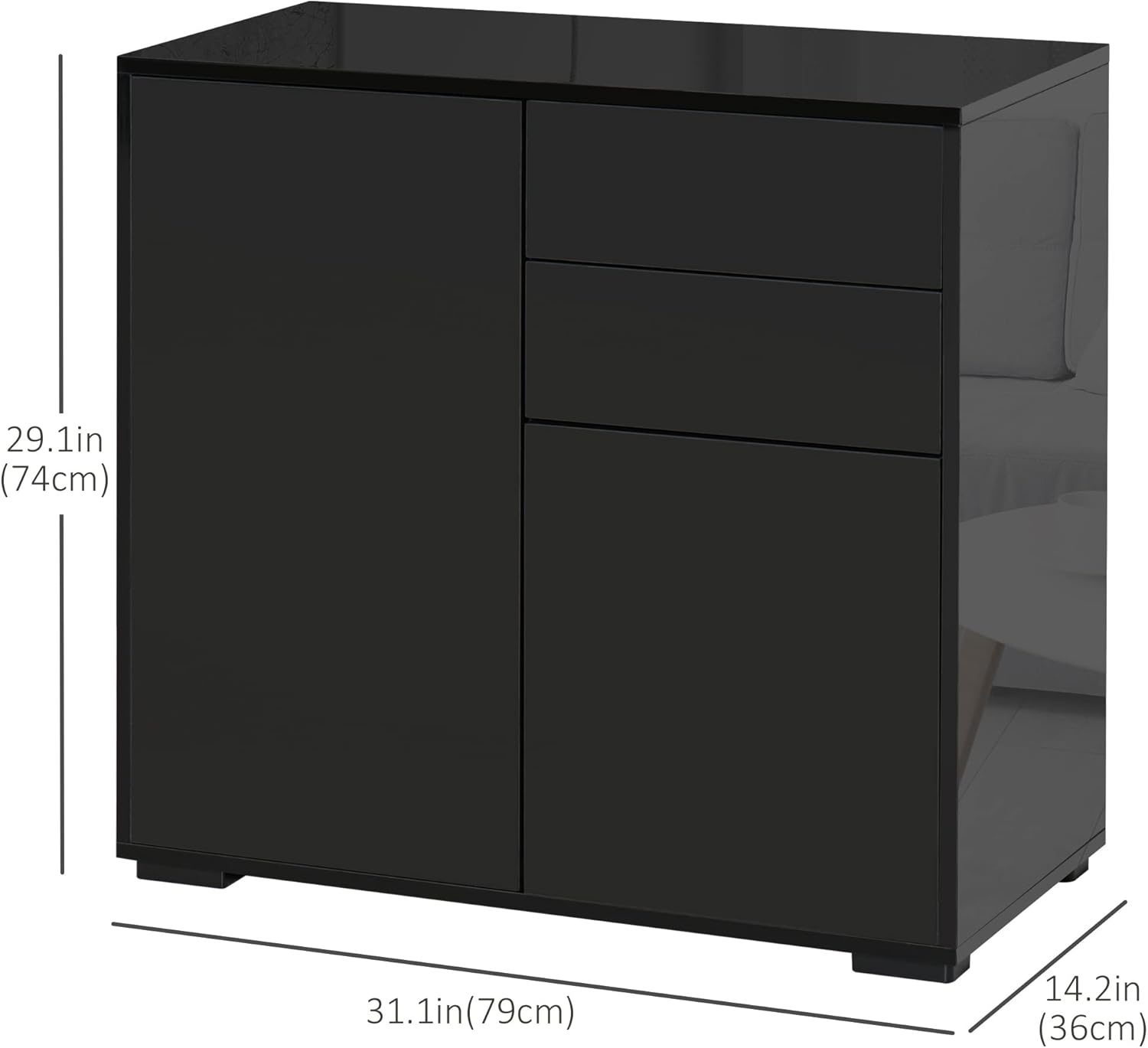 HOMCOM High Gloss Buffet Sideboard with Drawers, Door Cupboards and Adjustable Shelf, Kitchen Storage Cabinet with Push to Open Design, Black