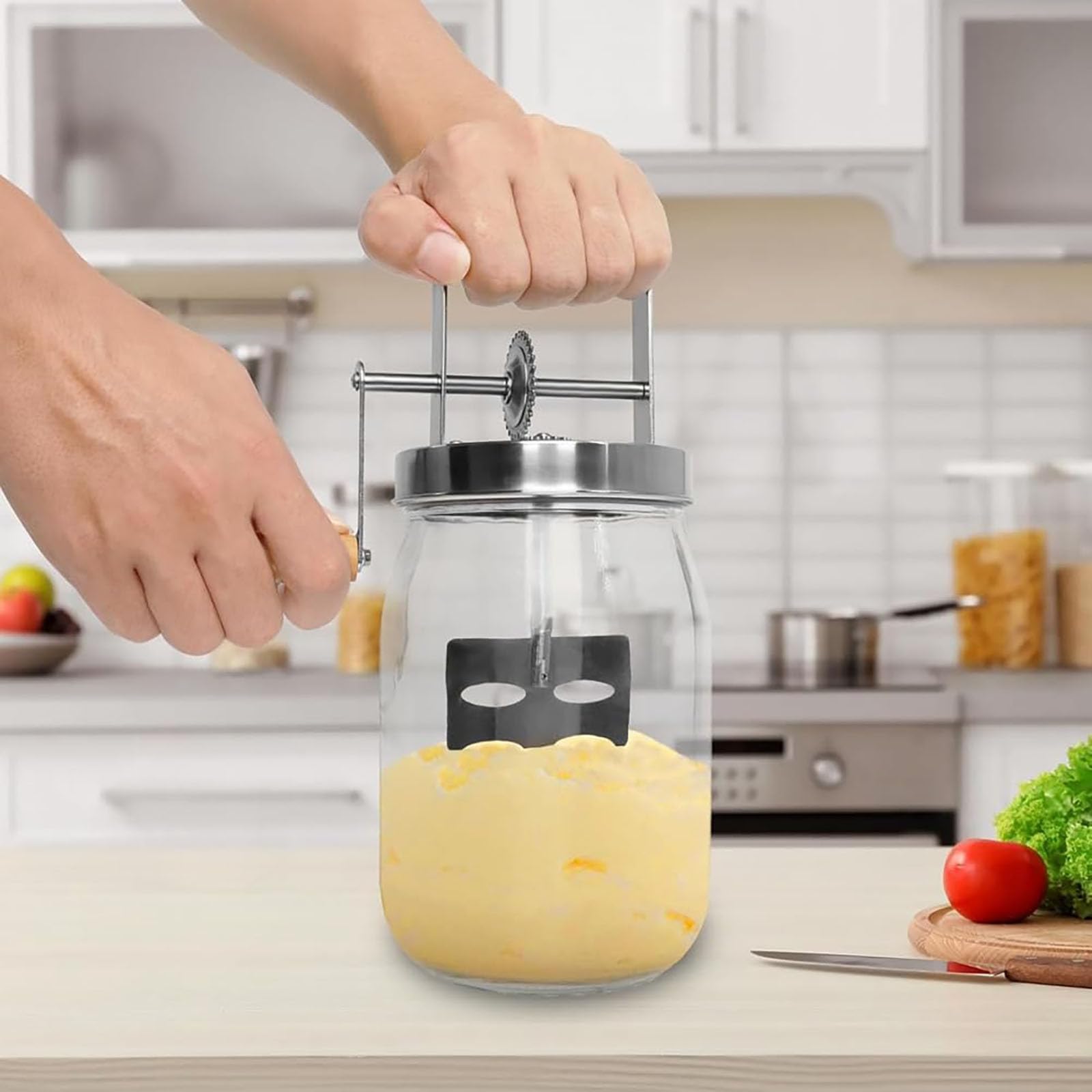 Butterkanne aus Glas mit Handkurbel, hausgemachter Butterbereiter für Sahne, 1,5 l langlebiger Mixer für Gebäck, Kekse und DIY Backgeschenke für Kinder und Familien