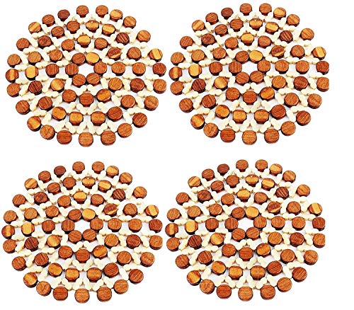 X SAR Flower Design Wooden Coaster Place Mat Round Shape Hot Pot Holder Bamboo Heat Insulation Pad for Kitchen Countertop and Dinning Table Accessories Serveware Rest Stand Pan Office, Home Set of 4