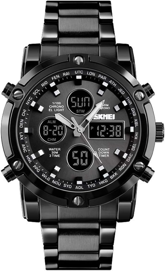 SKMEI Mens Watch Chronograph Business Casual Japanese Movement Alarm Calendar Day Stopwatch Digital Analog Watch Luminous SS Strap 30M Waterproof Round Face with Band Adjustment Tool Sport Watch Black x Black