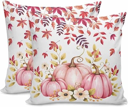 Fall Throw Pillow Covers 18x18 Inch Set of 2 Pink Pumpkin Decorative Pillows Cushion Case Thanksgiving Pillowcases Flower Maple Leaves Throw Pillows for Couch Sofa Bed Chair Autumn Decor