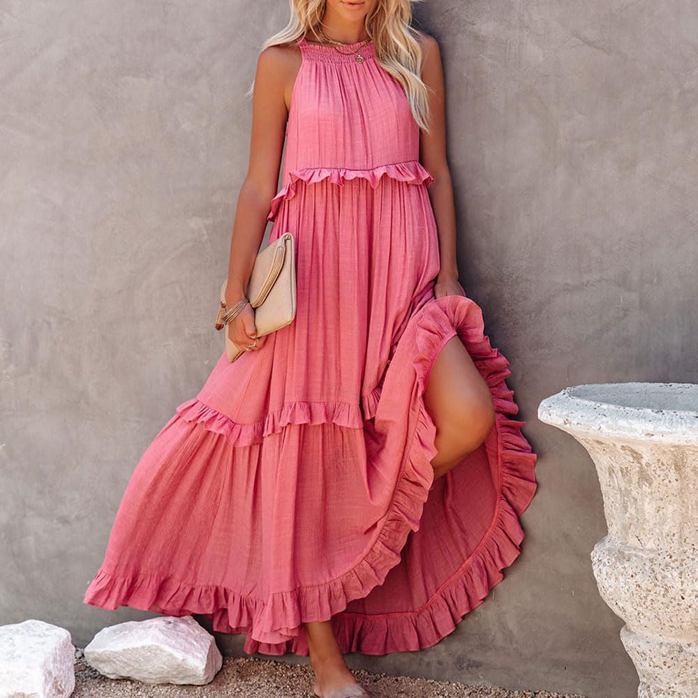 Vestido Largo sin Mangas con Cuello Halter, Vestido Informal con Volantes y Volantes, Vestido Largo con Vuelo en la Playa
