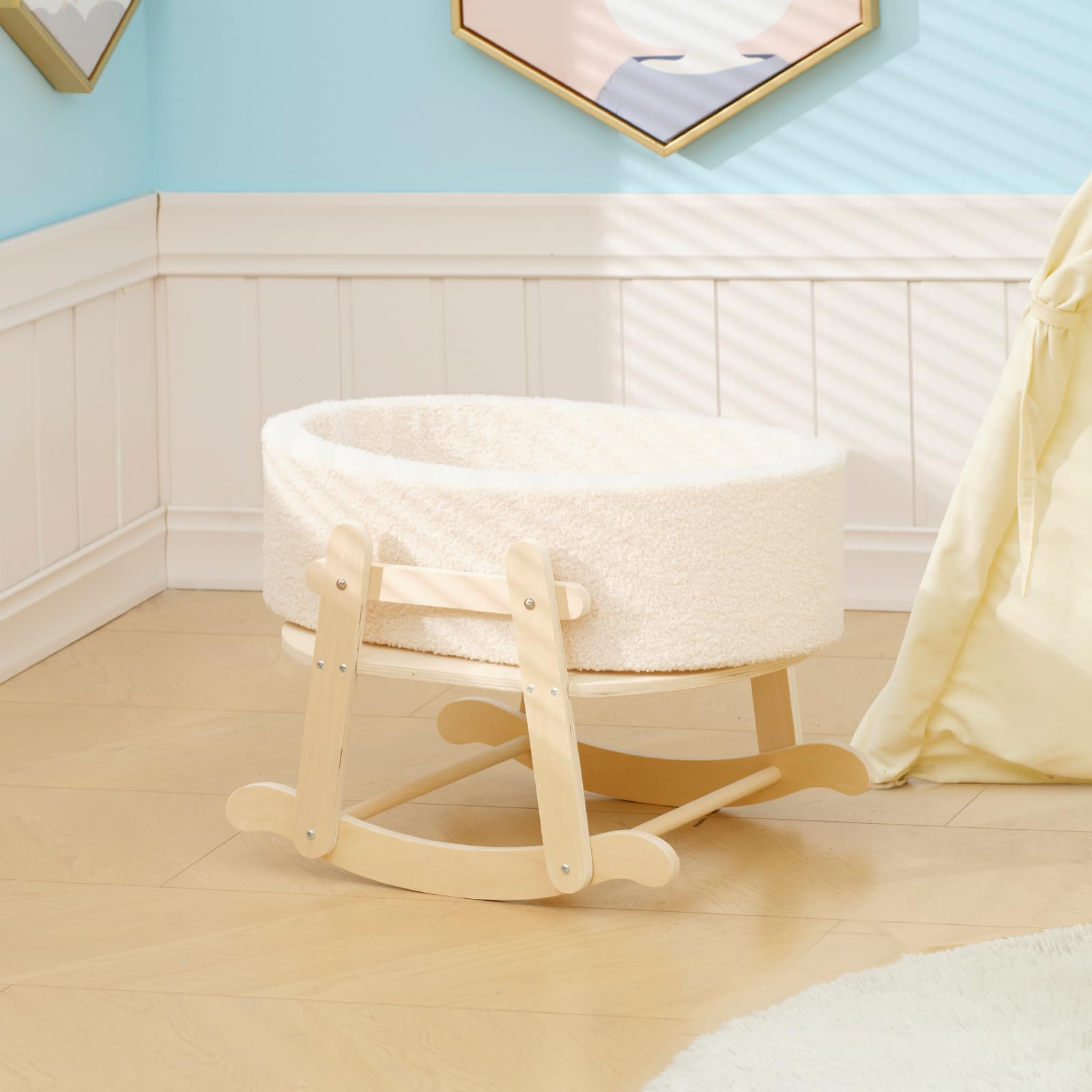 Cuna de madera para muñeca de bebé, juguetes para gatos y perros, moisés de madera para muñecas de hasta 16 pulgadas, accesorios de muñeca con colchón y moisés, regalo para niños y niñas 3