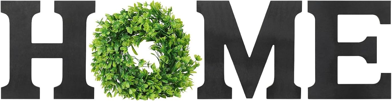Flexzion Home Wall Decor - Rustic Wooden HOME Sign with Artificial Greenery Wreath O, Black Farmhouse Hanging Letters Wall Art Decor for Living Room Kitchen Entryway Housewarming Gift