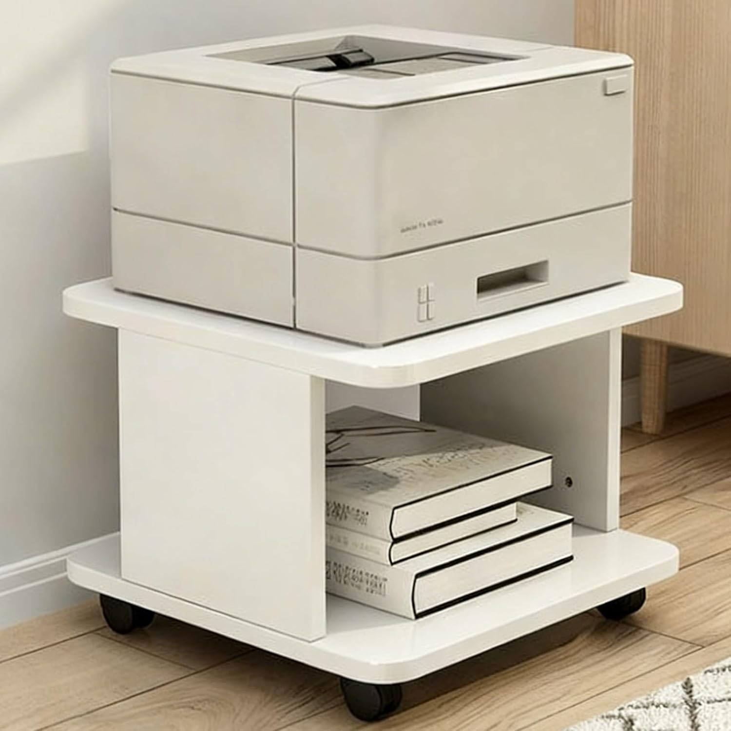 Under Desk Drawer Wooden 2 Tier Printer Shelf with Storage，Mobile Cart Wooden File Cabinets with Open Storage Shelf(White,15.7x15.7x11.0in)
