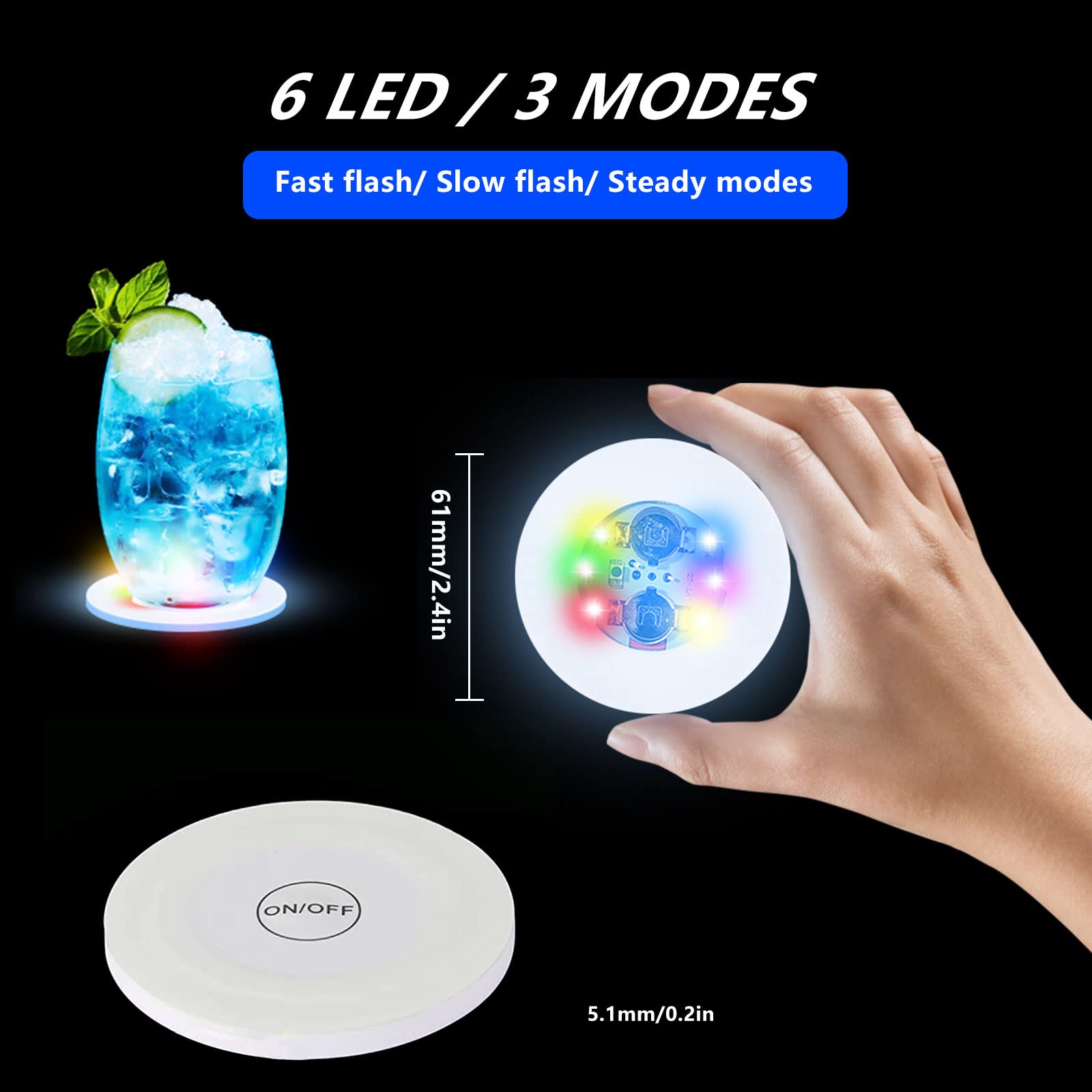 JOJOCY Set van 20 led-onderzetters, led-stickerverlichting, superheldere led-fleslamp met 6 lichtkralen, bar bier drank onderzetters voor feest, club, verjaardag, bardecoratie (multi