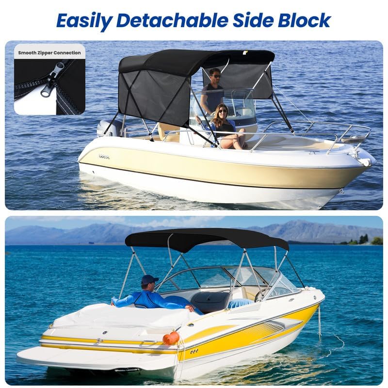 Image of KAKIT 3 4 Bow Bimini Tops with Mesh Sidewalls Support Poles for Boats Marine Grade Canvas Top Includes 2 Straps Storage Boot 1 Inch Aluminum Frame