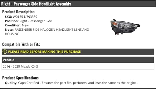 Conjunto de faros delanteros halógenos del lado del pasajero derecho - Compatible con Mazda CX-3 2016-2020