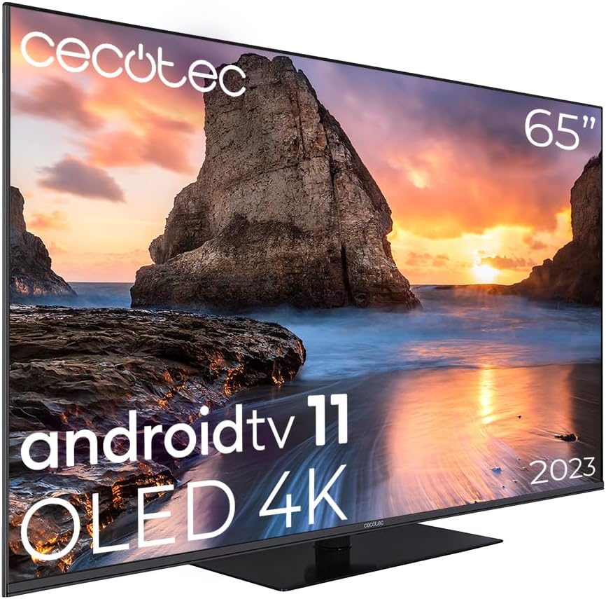Cecotec TV QLED 65 Smart TV V1+ Series VQU11065Z+. 4K UHD, Android 11, Frameless, Base Centrale, Dolby Vision y Atmos, HDR10, 2 altoparlanti 12W e subwoofer 12W, 2 telecomandi, 2024