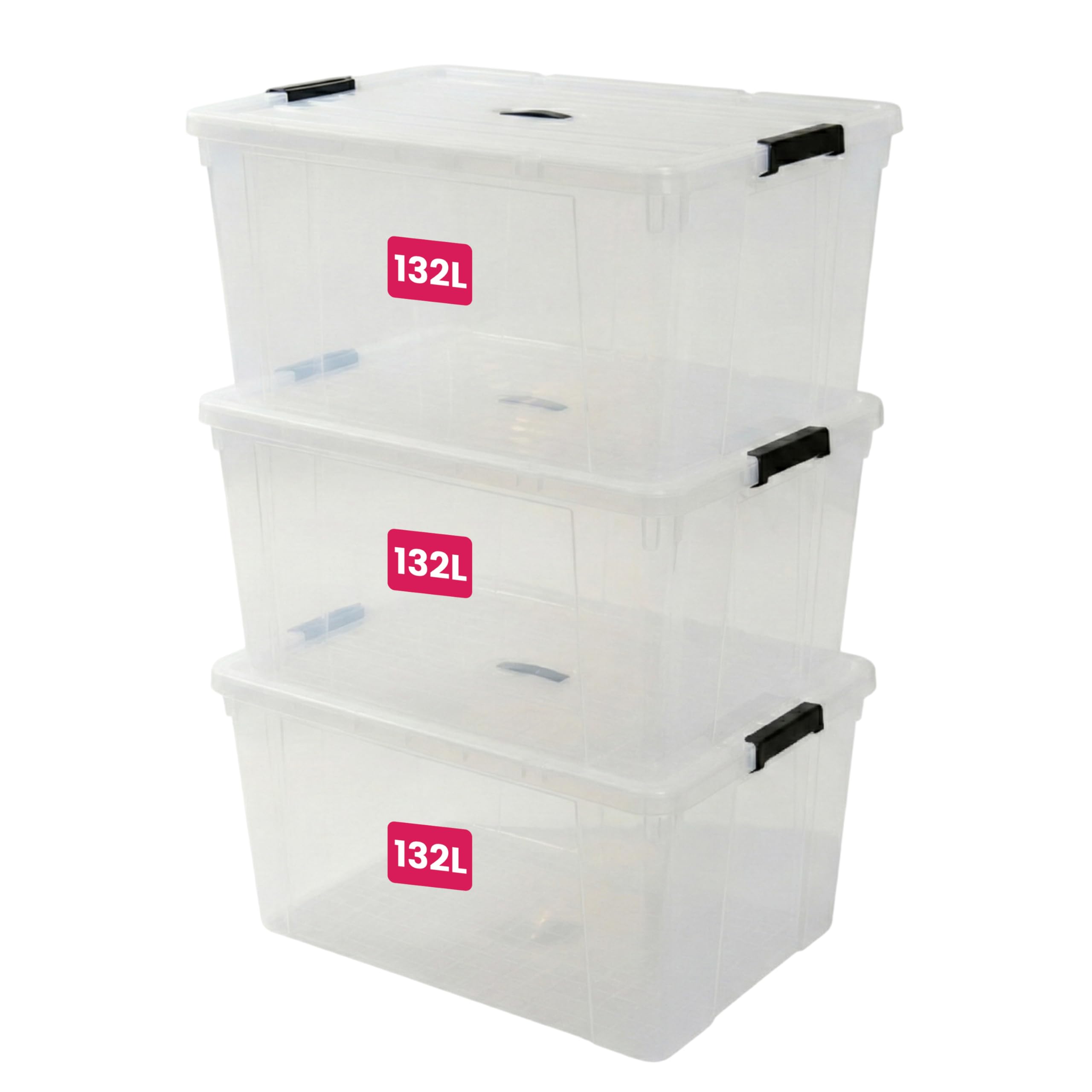 STL Clear Plastic Storage Boxes with Lids, Heavy-Duty Durable Stackable Plastic Storage Containers, Underbed Storage Boxes, Secure Clip-Lock Lid for Home, Office, Kitchen, Toys (3, 132ltr)