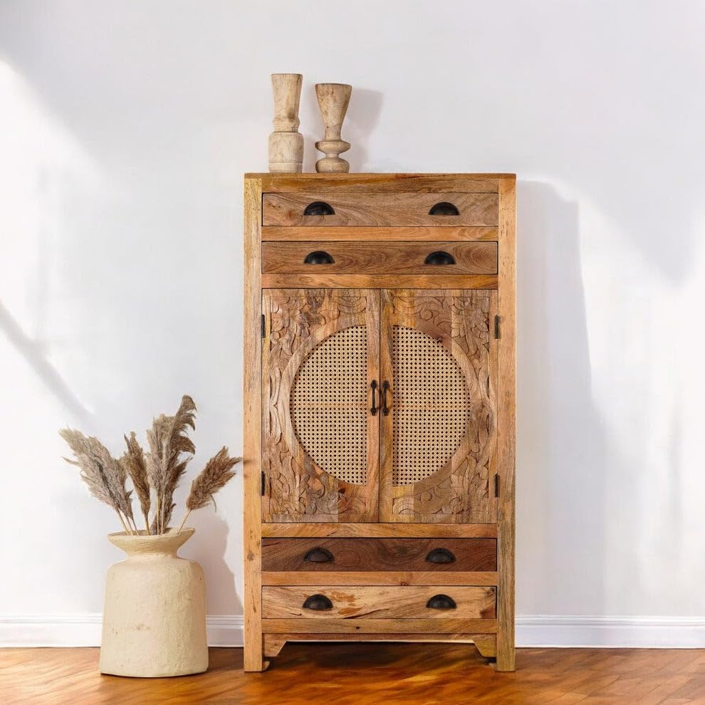 TGF Furniture Store Rustic Wooden Armoire Cabinet – Natural Mango Wood Wardrobe with 4 Drawers, Carved Details, and Rattan Mesh Doors – Vintage Storage Cabinet for Bedroom or Living Room-image-18