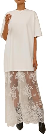 Pinclodly Tshirt Dress Women Short Sleeve Maxi Dress Lace Floral Patchwork Loose Summer Long Dresses for Women