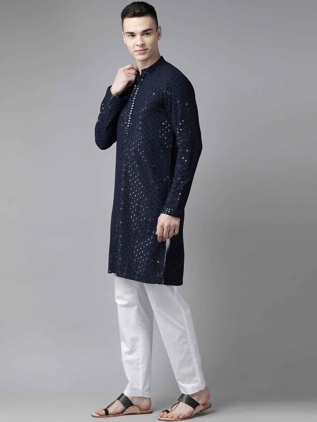 See Designs Men Navy Blue Floral Embroidered Sequined Rayon Kurta - Sd2Ekt_1297Xs