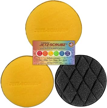 Jetz-Scrubz Scratch-Free Kitchen Scrubber Sponge Dual Sided Non-Scratch Dish Cleaning Sponge for Cookware, Dishes & Kitchen Surfaces Odor Resistant, Reusable Round Scrub Sponges 3 Pack, Yellow