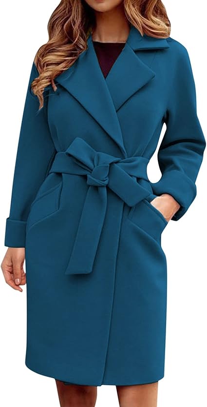Damen Trenchcoat Lang - Elegante Business Jacke Mit Revers & Taschen