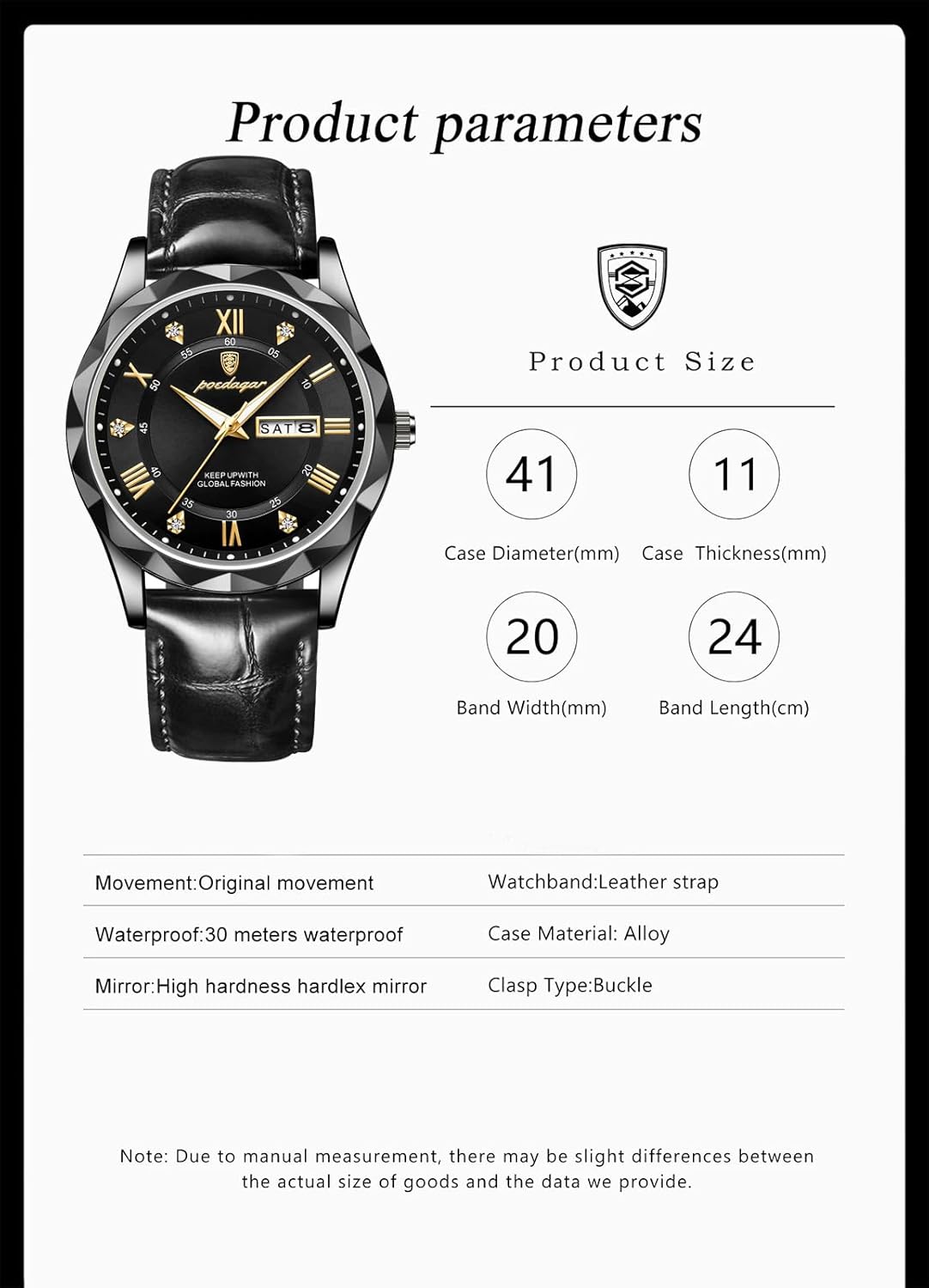 Gosasa Fashion Men's Business Casual Quartz Luminous Waterproof Date Wristwatch with Leather Strap (Black)