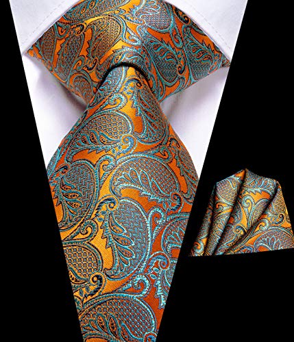 Dubulle Orange Paisely Mens Extra Long Tie for Big and Tall with Pocket Square Handkerchief Hanky - Thumbnail 3