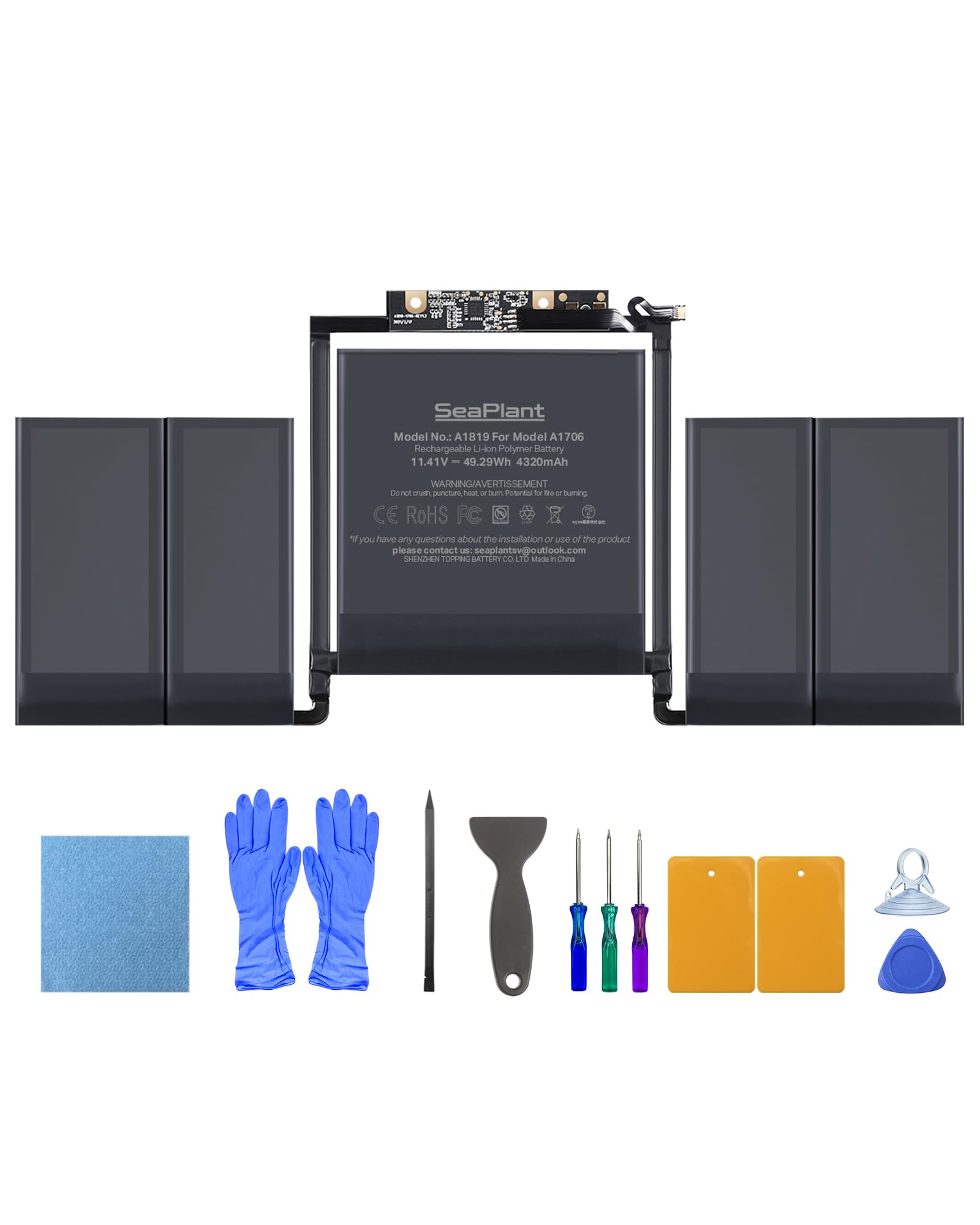 Batterie pour MacBook Pro A1706, 13 Pouces, 2016-2017, A1819 | 11,41 V 4320 mAh 49,29 Wh, Modèle de batterie A1819, jusqu'à 1000 cycles, kit d'outils avec 3 tournevis et guide