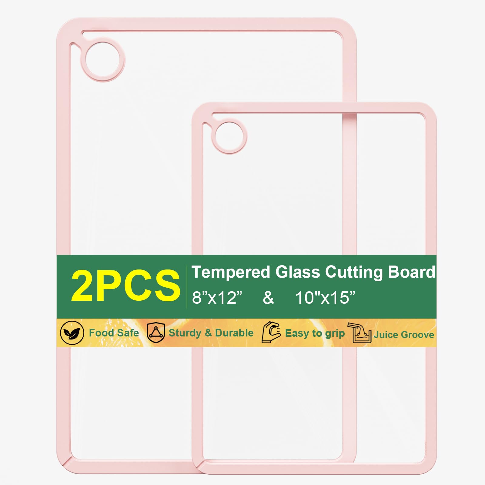 GlassCuisine Toughened Glass Chopping Boards Set of 2 (Pink), Heat Resistant Worktop Savers, Non-Slip Silicone Edges, Juice Groove, Hanging Hole, Durable Scratch Resistant, Food-Safe, Dishwasher Safe