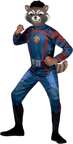 Marvel - Disfraz infantil de mapache con cohete y cohete para niños, diseño de cola de piel sintética desmontable, máscara de plástico 3D,