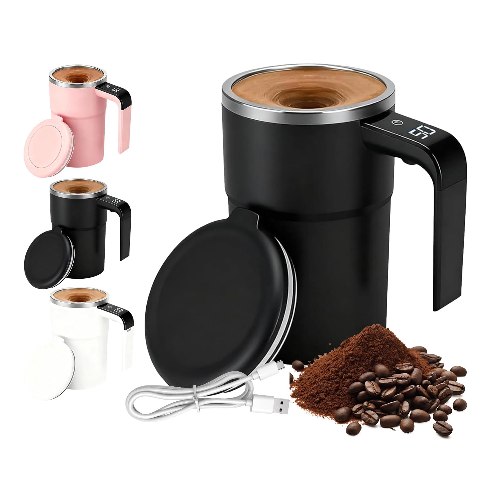 380ml Magnetische Selbstrührende Tasse mit Temperaturanzeige, Wiederaufladbarer intelligente kaffeetasse mit Deckel, Selbstrührender Kaffeebecher für Kaffee, Milch und andere Getränke