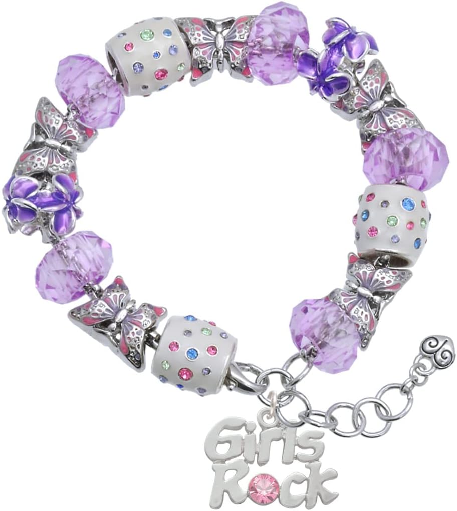 Delight Jewelry Silvertone Girls Rock with Light Pink Crystal Purple Butterfly Bead Charm Bracelet, 7"+1" Extender