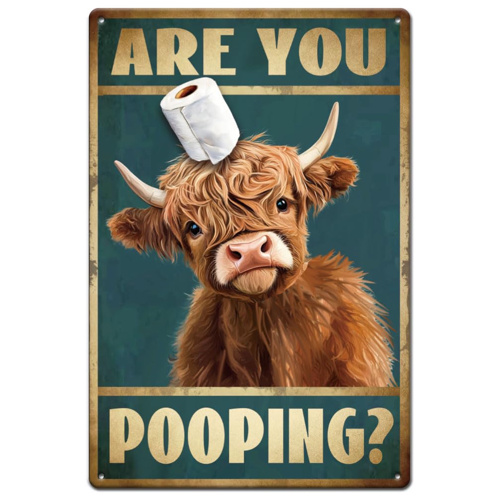 SUPERDANT Highland Cattle Tin Signs Are You Pooping Retro Metal Poster Lavatory Paper Plaque Vintage Toilet Sign Decorative for Restroom Bathroom Indoor Outdoor Wall Art Gifts 20x30CM