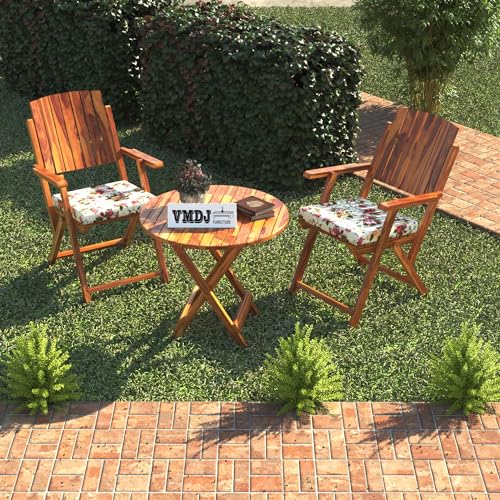 Image of Sheesham Wooden Portable Foldable 2 Seater Chair with Table Set Outdoor Balcony Garden Coffee Table Set Furniture with 1 Table and 2 Chairs Set (Honey Finish)