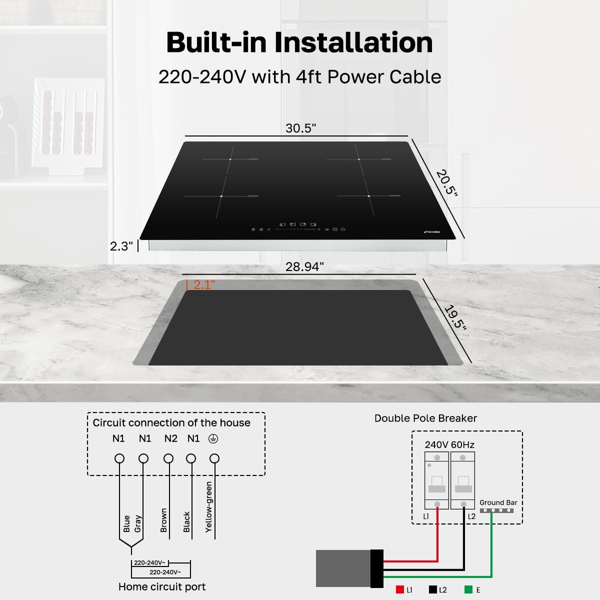 Placa de inducción de 30 pulgadas, estufa de inducción integrada de 7200 W, estufa eléctrica con quemador de 4 aumentos, 9 niveles de calefacción, temporizador y bloqueo de seguridad para 7