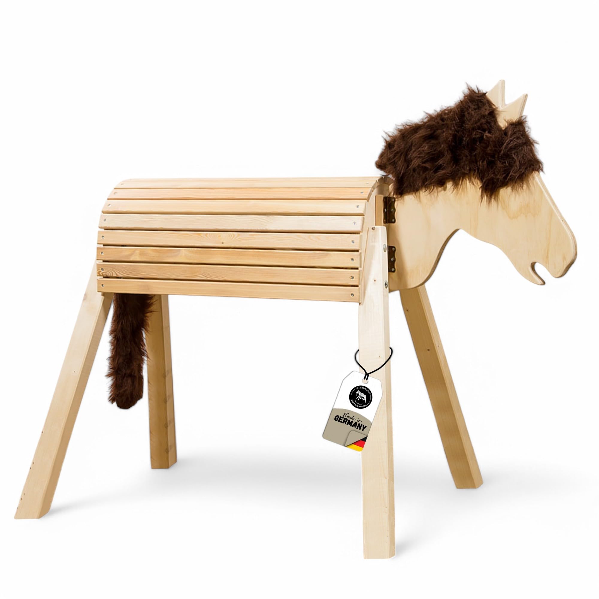 Bausatz 100cm für draußen Reitpferd Garten Voltigierbock für Kinder, Stehpferd groß, Gartenpferd handgefertigt aus Deutschland, Voltigierpferd Holzpony mit Mähne
