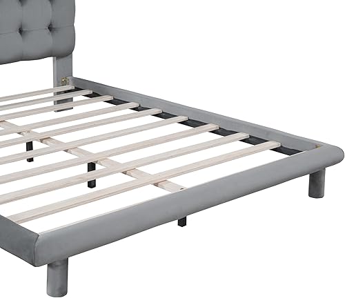 Miniatura 65 de Base de cama flotante tamaño Queen con luces LED y carga USB, marco de cama LED de plataforma tapizada moderna, no necesita somier (blanco-1)