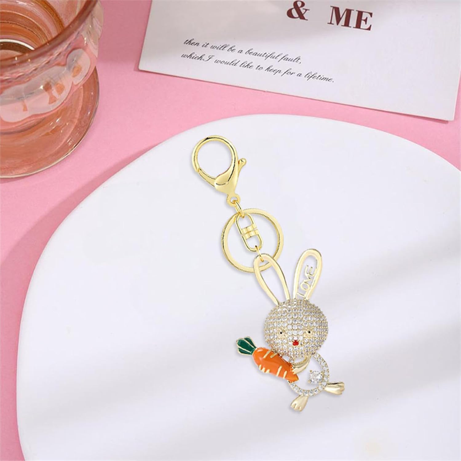 Dreuyet Crystal Carrot Rabbit Keychain Rhinestone Bunny Hugging Carrot Easter Gifts Purse Charm - Image 5