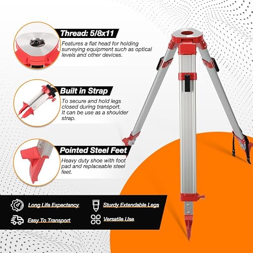 DMITER Professional Surveying Tripod - 5/8" x 11 Thread Aluminum Transit Tripod for Auto Level, Theodolite & Lasers Level, Adjustable Flat Construction Tripod (Max Height 1700mm) - Thumbnail 5