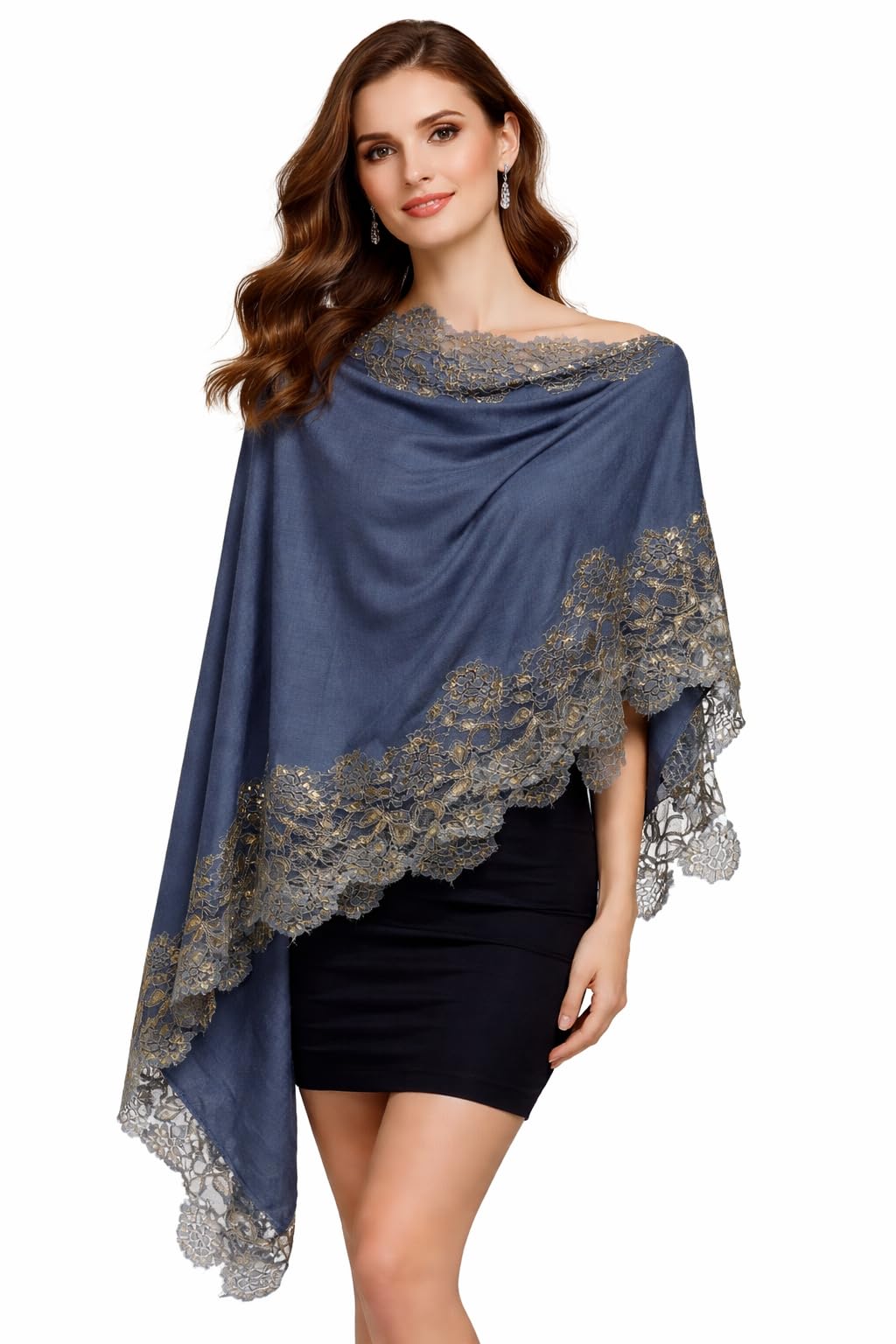 Cashmere Fine Wool Shawl for Women – Elegant Designer Wrap with Gold Lace Border, Soft Lightweight Luxury Stole, 70 x 200 cm | VIC-CFW-GB72-image-11