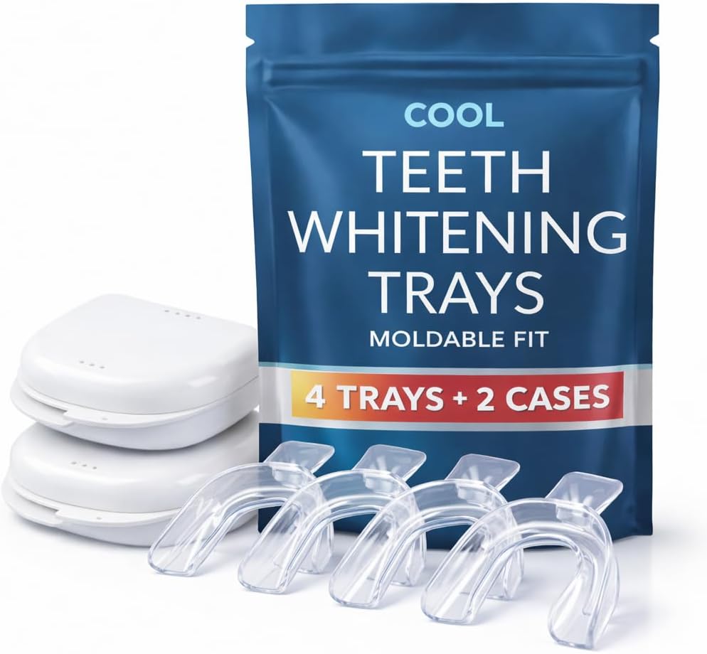 Cool Teeth Whitening 4 Trays in 2 Storage Cases Custom DIY Fit Upper and Lower Tooth Bleaching Gel Thermoform Moldable Mouth Guards
