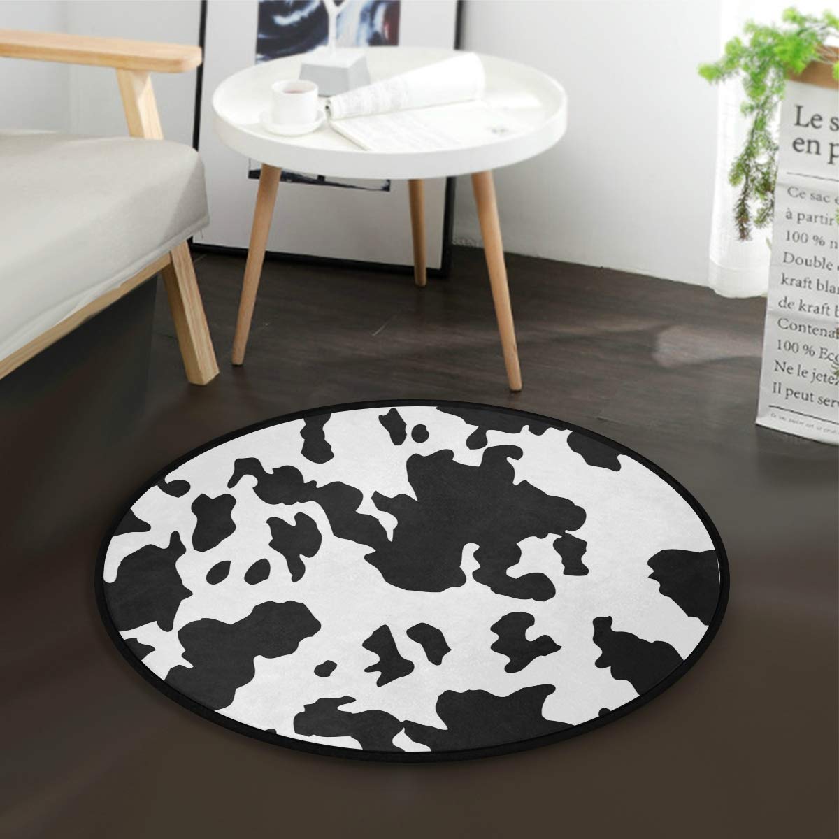 Amazon｜ALAZA カーペット 丸型 牛柄 おもしろい ホワイト ブラック