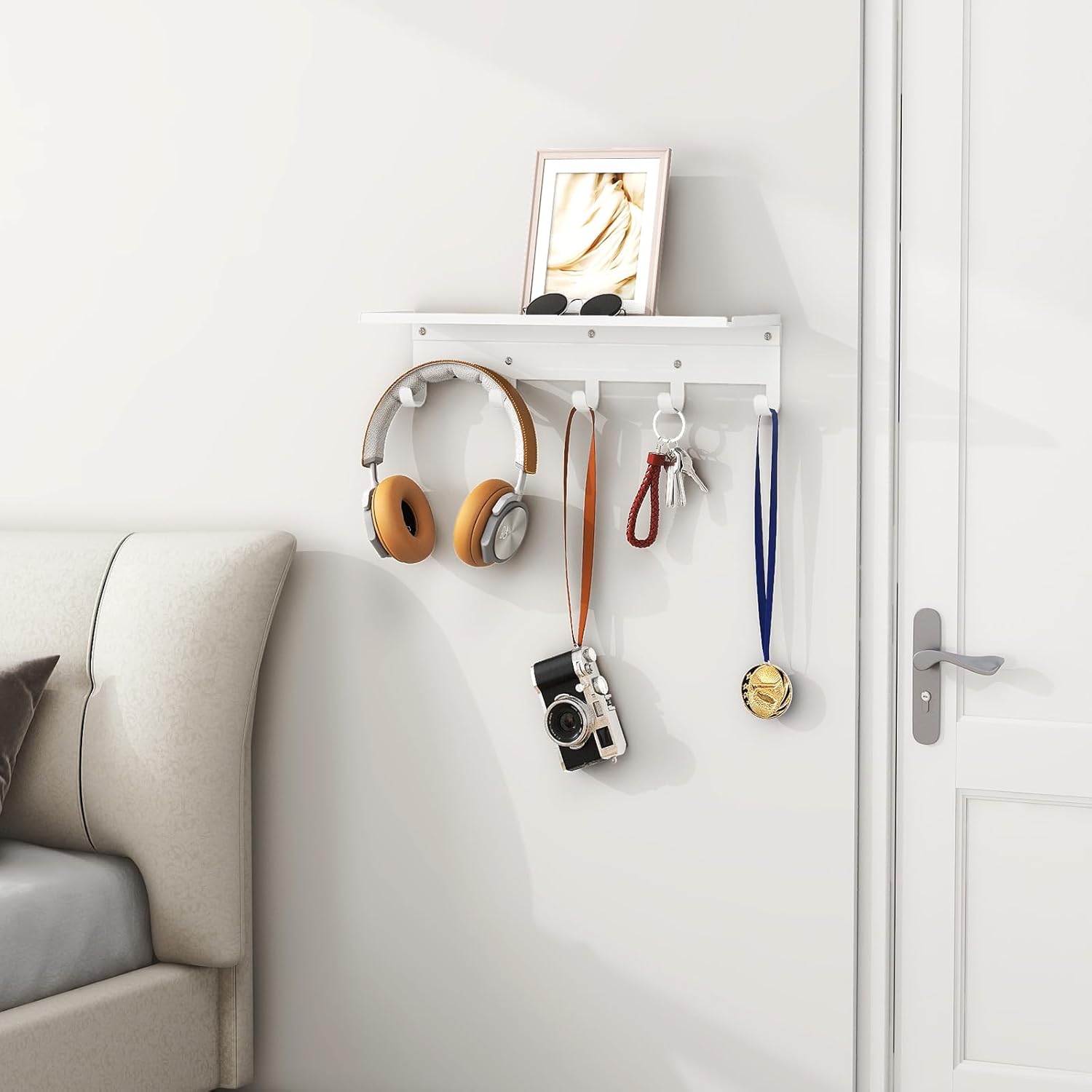 Bethom Shelf with Hooks, 17 Inch Coat Rack Wall Mount with 5 Hooks with Shelf, Metal Entryway Coat Hangers Storage Clothes, Bags, Purse, Keys for Living Room, Bedroom, White
