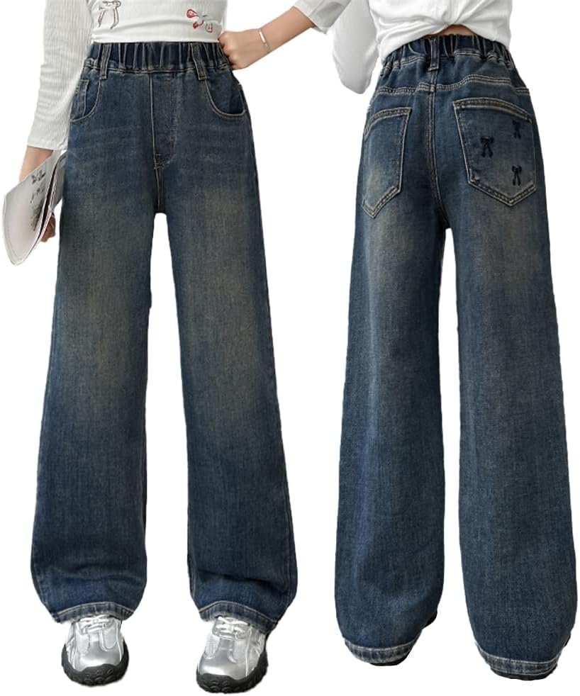 Nivne Tco Girls Baggy Jeans - Elastic Waist Retro Washed Wide Leg Denim Pants, Tween Stretchy Casual Jeans with Pockets
