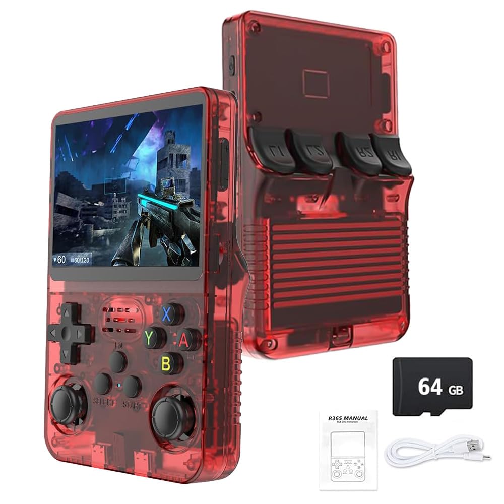 R36S Retro Handheld Game Console - 21,000+ Classic Games, 3.5" IPS Screen, 64GB/128GB, Portable Linux Gaming Device (64g-red)
