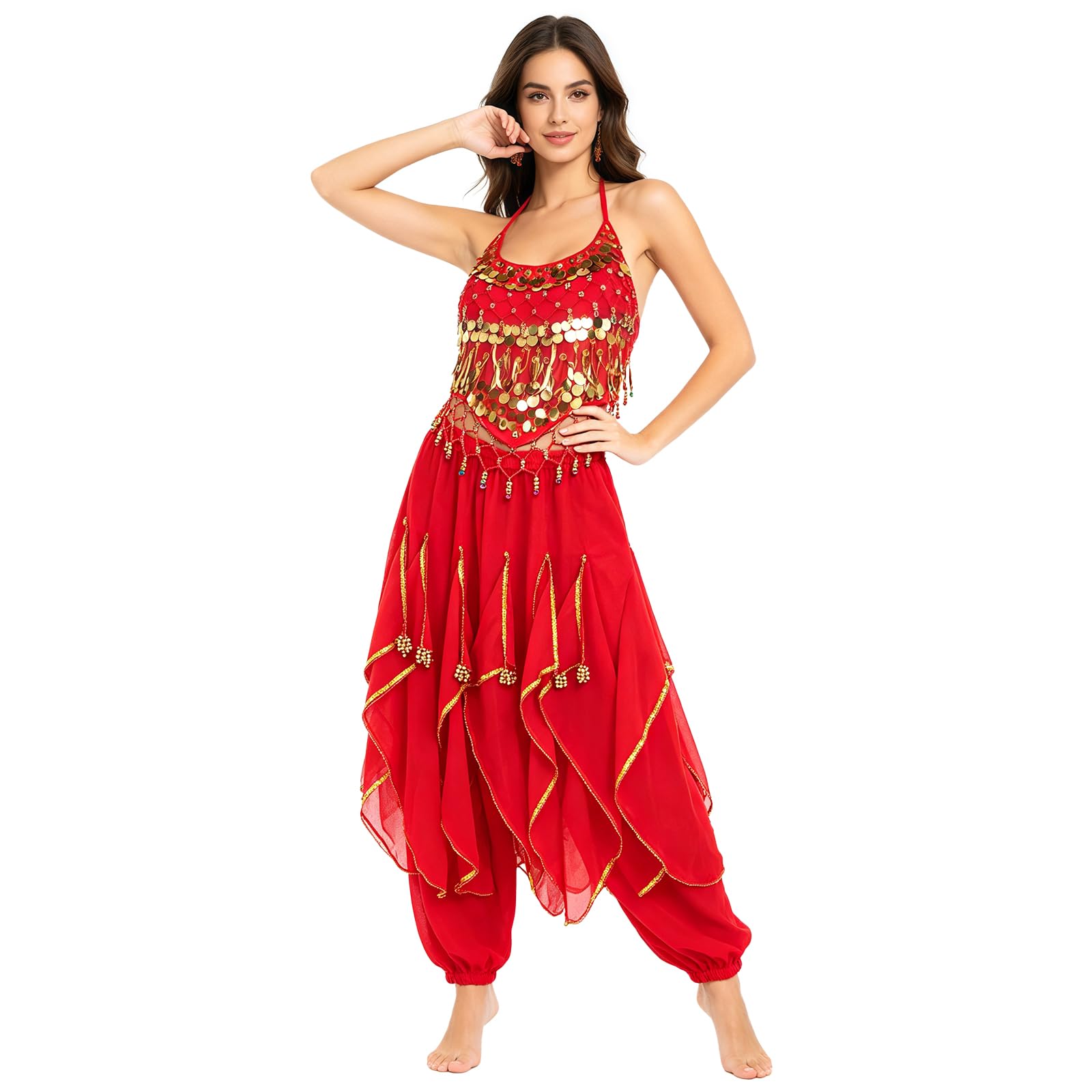 Baisdan 2 Piece Belly Dance Costume Set, Sequin Crop Top Harem Pants Set for Arabian Indian Halloween Carnival Dance Performance Red