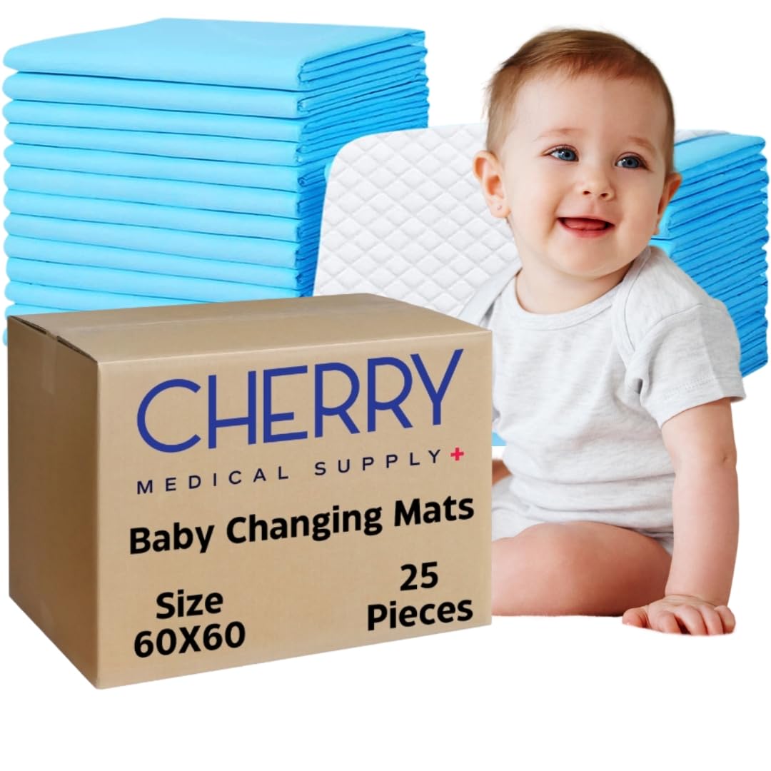 Cherry Medical Supply 25 Pieces Packed in 1 Pouches 60 cm x 60 cm Disposable Changing Mats for Baby Soft Ultra Absorbent Waterproof Diaper Changing Mat Liners Baby Changing Mat Cover Bed Pads
