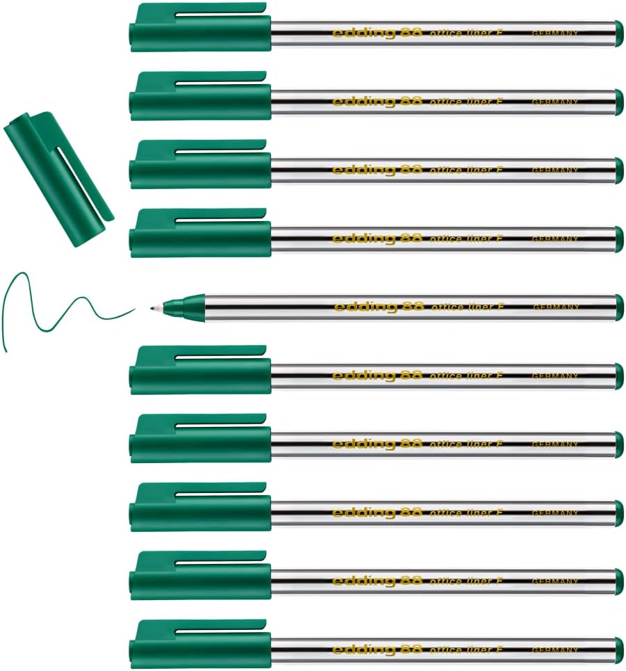 edding 88 - fineliner - green - 10 pens - round nib 0.6 mm - thin fibre pen for fine, precise writing, underlining, drawing - in the office or home and at school