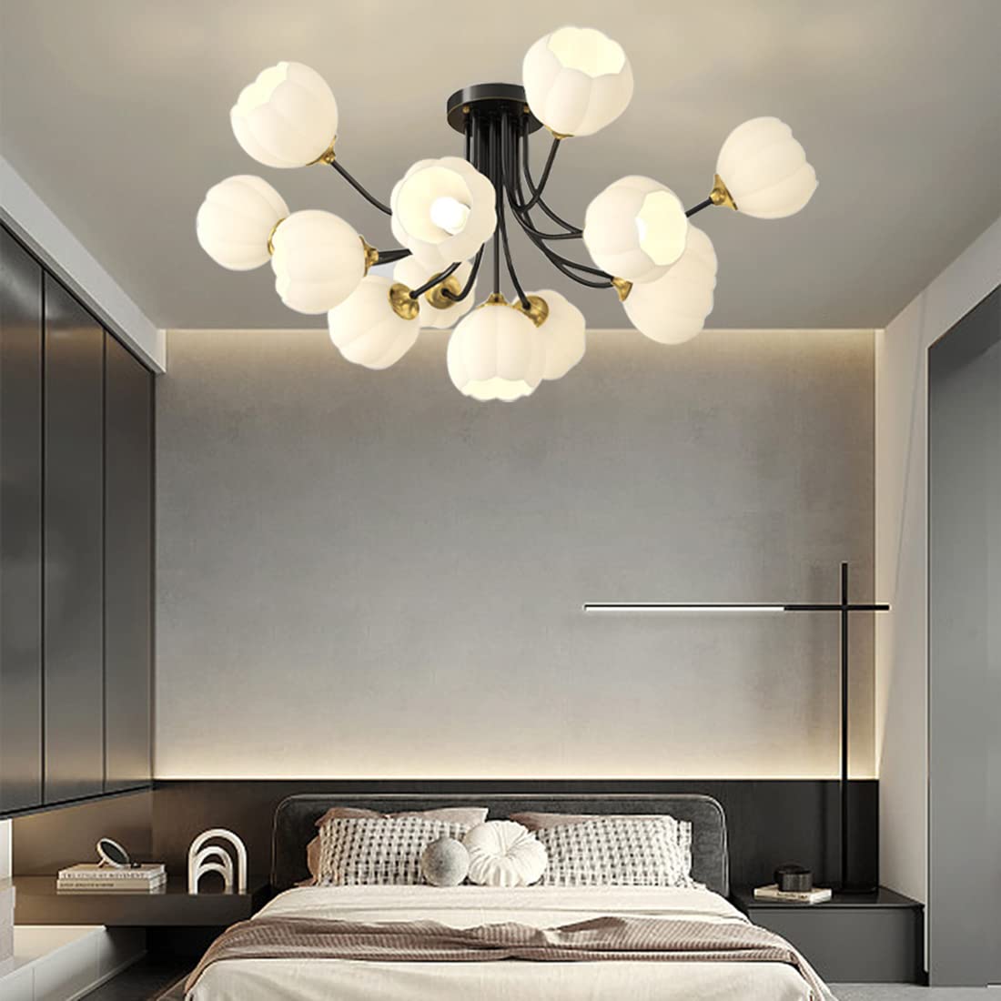 Lampy sufitowe do sypialni 13-jasne czarne mosiężne lampy sufitowe z białym kwiatem-szklanym kloszem szklana kula lampa sufitowa do sypialni salon jadalnia (13Lightblack