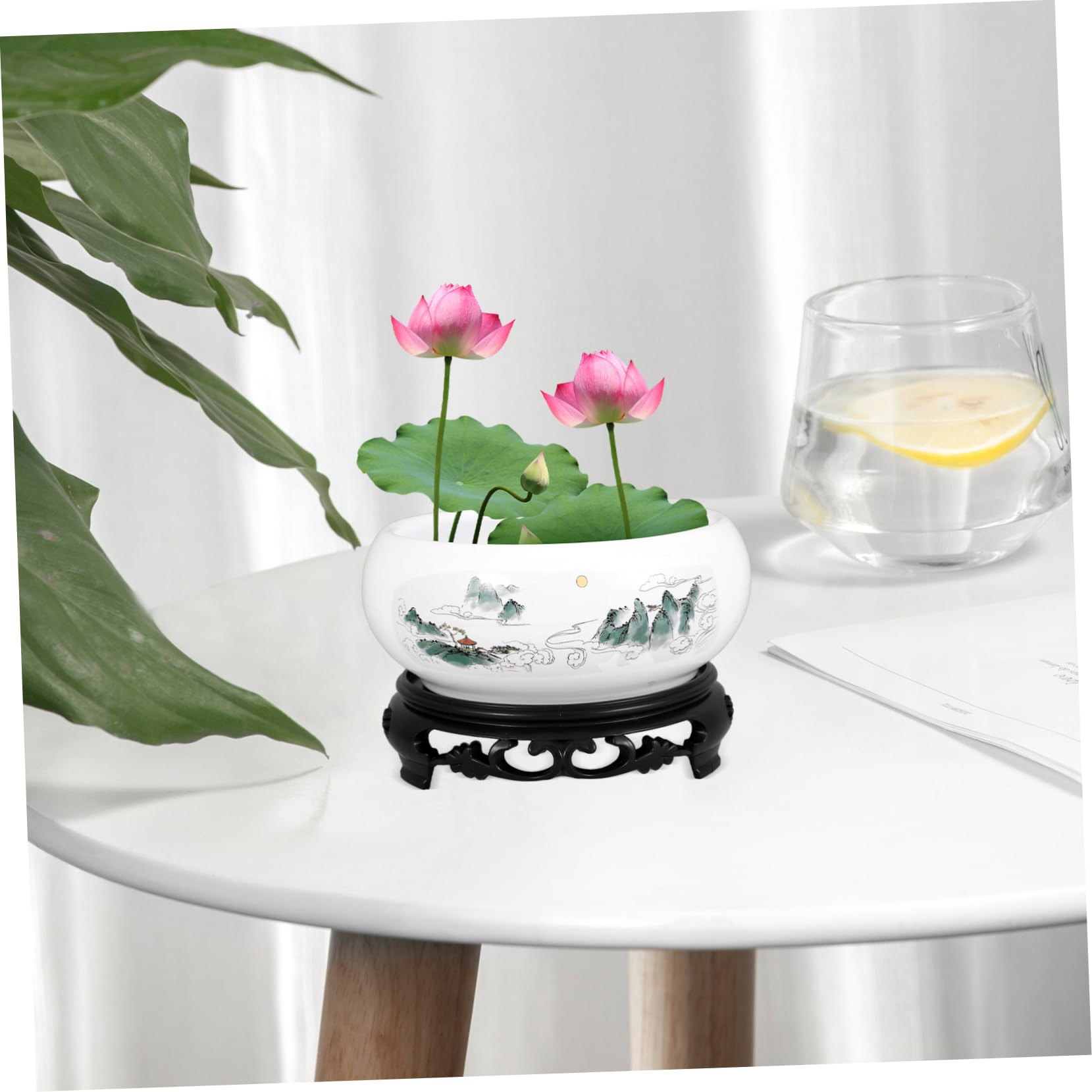 Kisangel Keramik Dekorativer und Robuster Blumentopf mit Untersetzer Hydroponik Pflanzgefäß Rund für Narzissen und Wasserpflanzen für Innenräume Zuhause