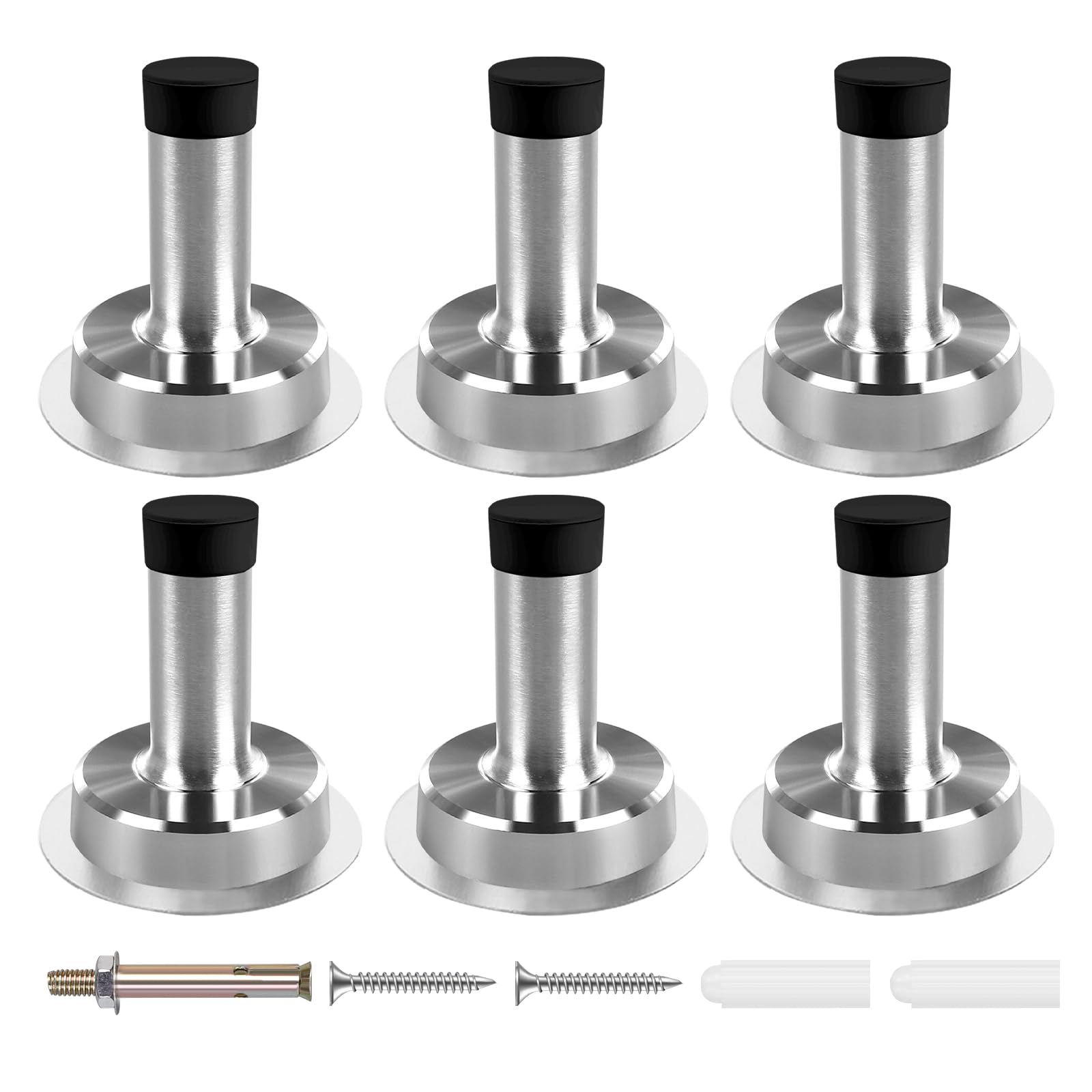 5CM Door Stop Chrome Door Stoppers for Skirtings Self Adhesive Door Stops Wall Mounted Doorstops Stainless Steel Doorstop with Black Rubber Sound Dampening Door Bumper, 6 Pack