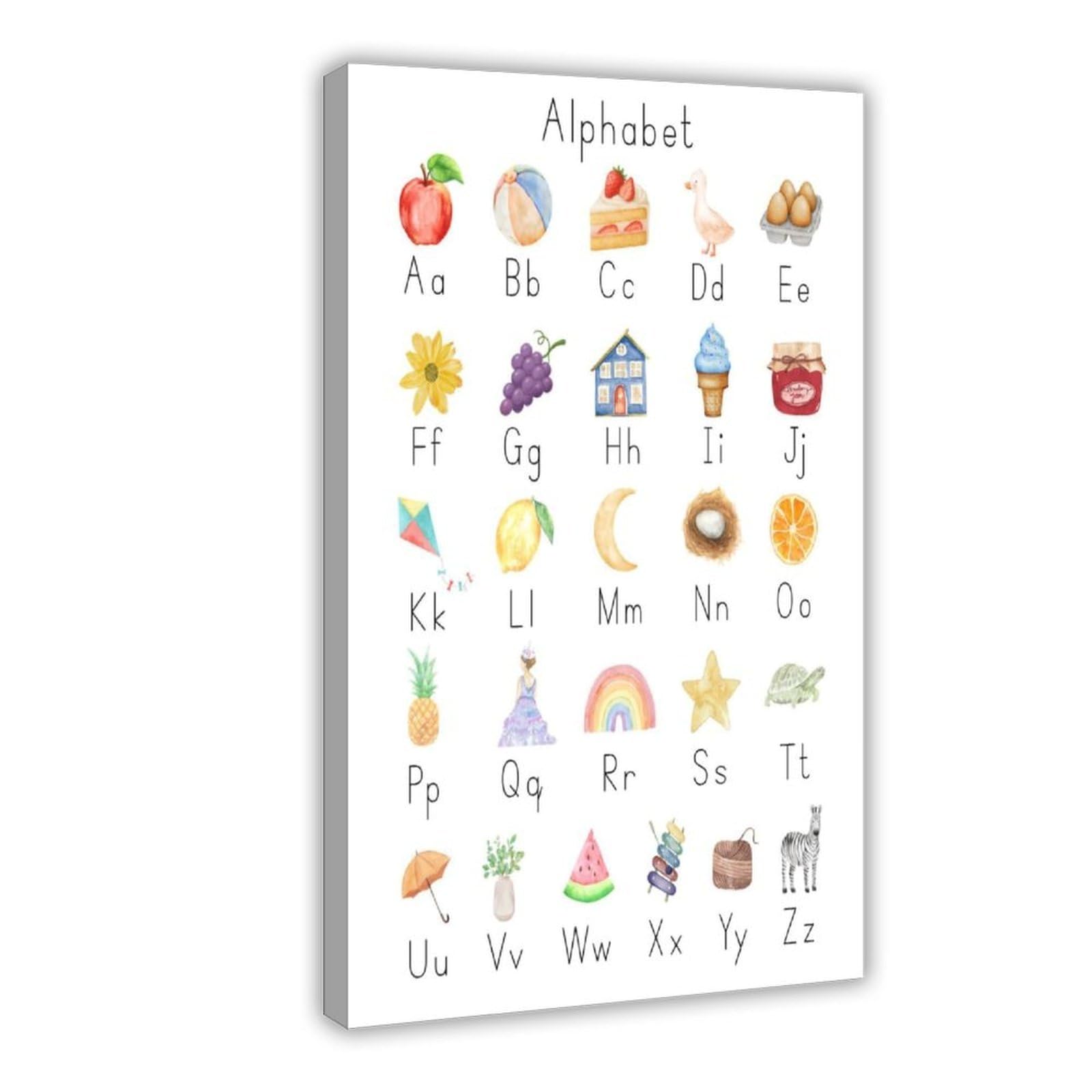 Poster sur toile aquarelle alphabet pour l'éducation de la petite enfance - Décoration de chambre à coucher, bureau, chambre, cadeau - 40,6 x 61 cm (L x l)